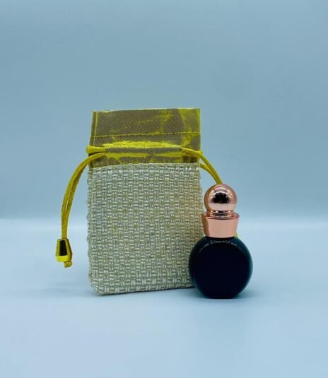 12 ml fancy jet black attar bottle with fancy pouch (rose gold cap)